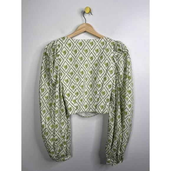 NWT Caroline Constas Elliot Puff Sleeve Green and White Leaf Printed Blouse Top - Picture 6 of 8